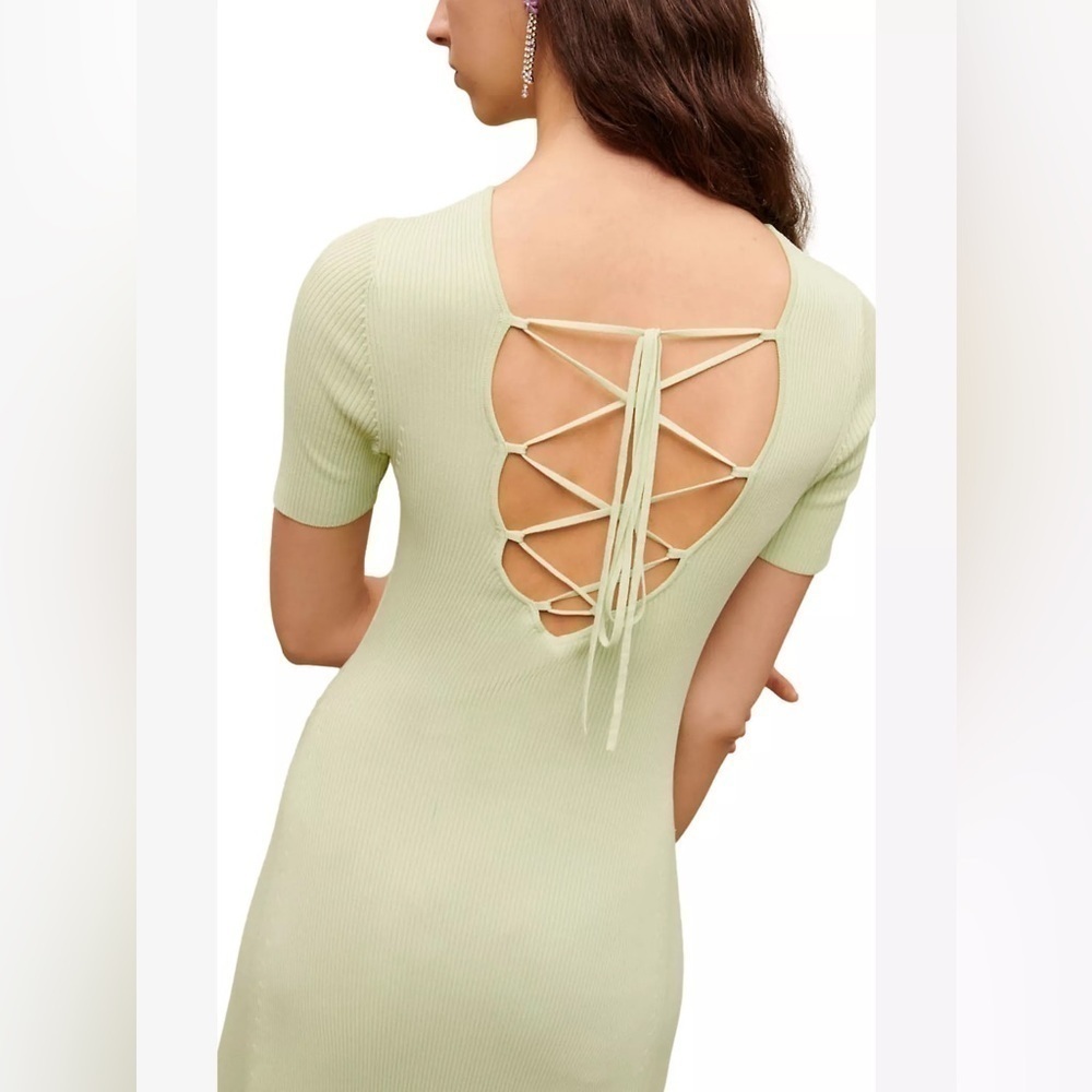 NWT MAJE Ruched Lace-Up Ribbed Stretch-Knitted Midi Dress Verts XS - Picture 3 of 14